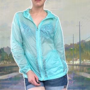 Sheer Turquoise Nylon Lightweight Rain Jacket Retro Windbreaker, Size M